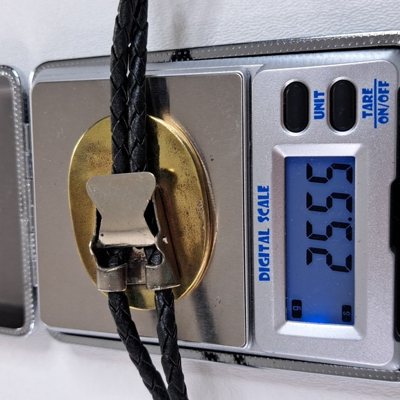 Vintage Buffalo Head Inlay Exotic Wood Brass Bolo With Turquoise Eyes - Picture 7 of 12